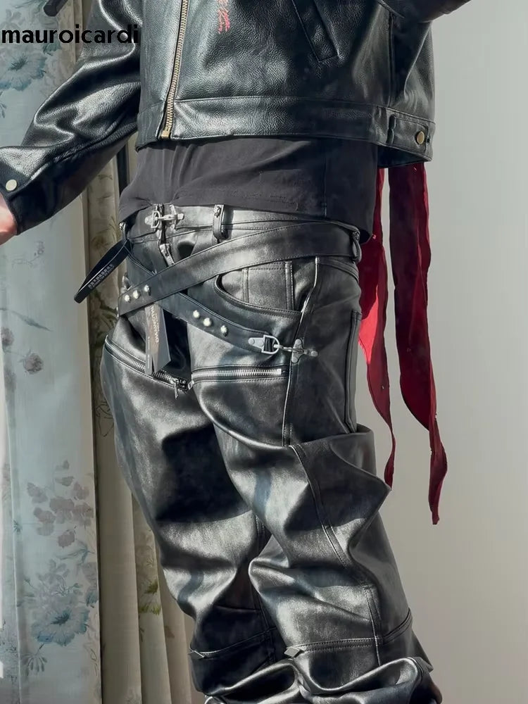 DARK MATTER - Men's Distressed Washed Faux Leather Pants - Punk Straight Trousers