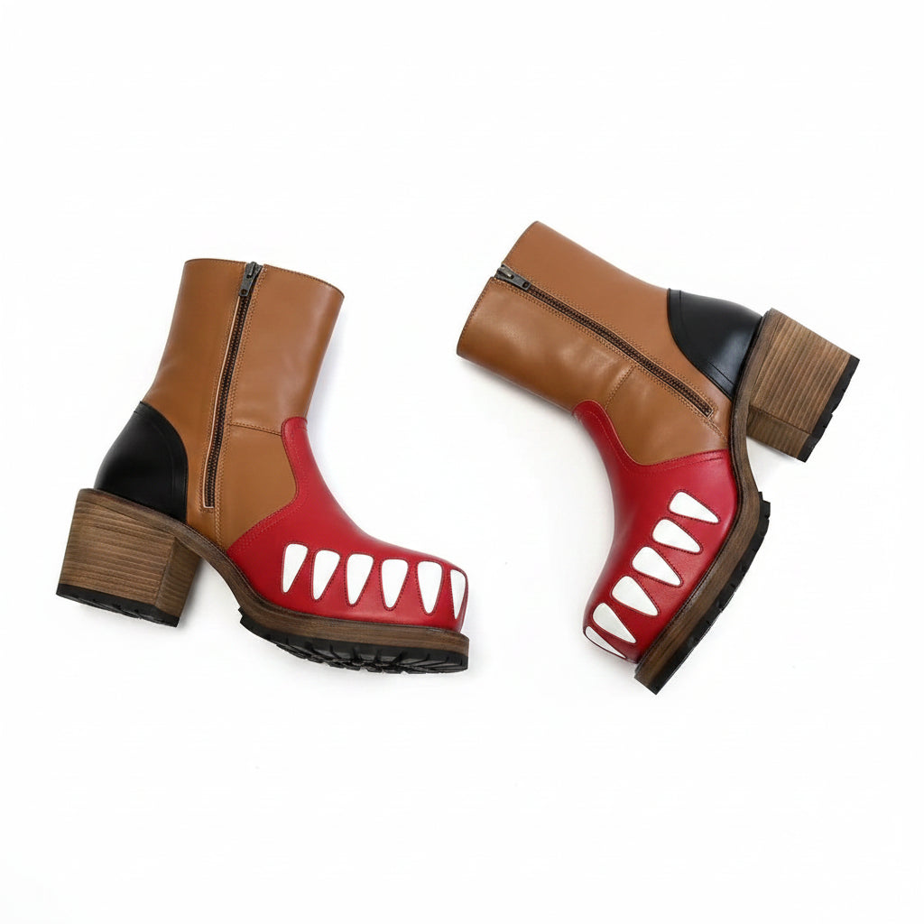THUNDER FANG - Artisan Monster Boots - Lightning Bolt & Tooth Sole, Multi-Color Chunky Heel