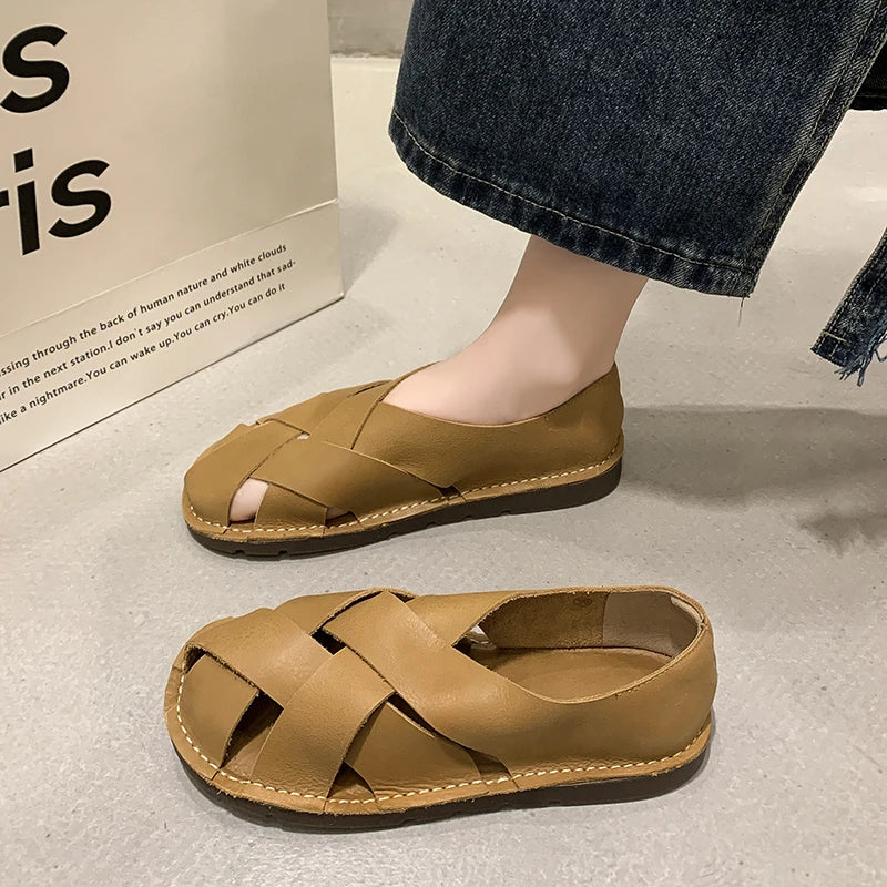 2024 Leather Women's Sandals Top Layer Cowhide Handmade Woven Women's Casual Flats Retro Mori Girl Shoes