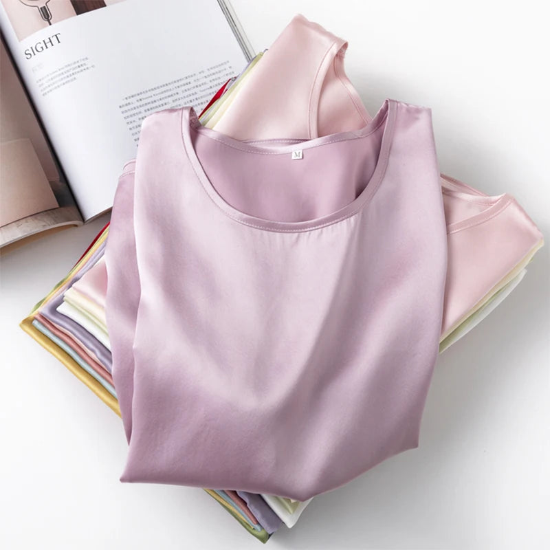 100% Mulberry Silk 19 Momme Charmeuse Silk Women Tank Top T-shirt Short Sleeve Shirt Blouse Solid Colors Summer M L XL AA4270