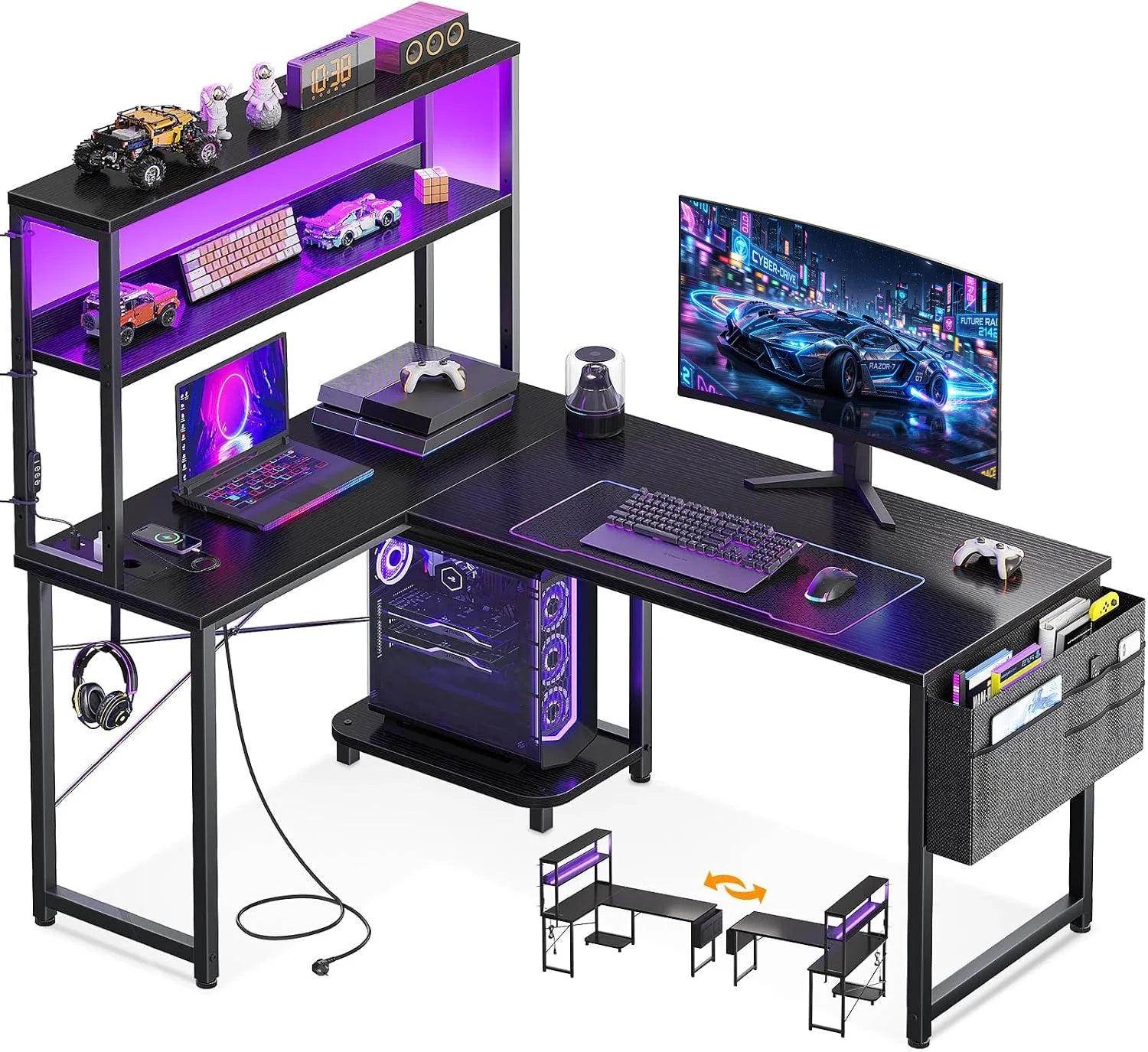 COLESHOME L-DESK - L-Shaped Gaming Desk 110x80cm LED + Plugs - Corner Taken. Game On.