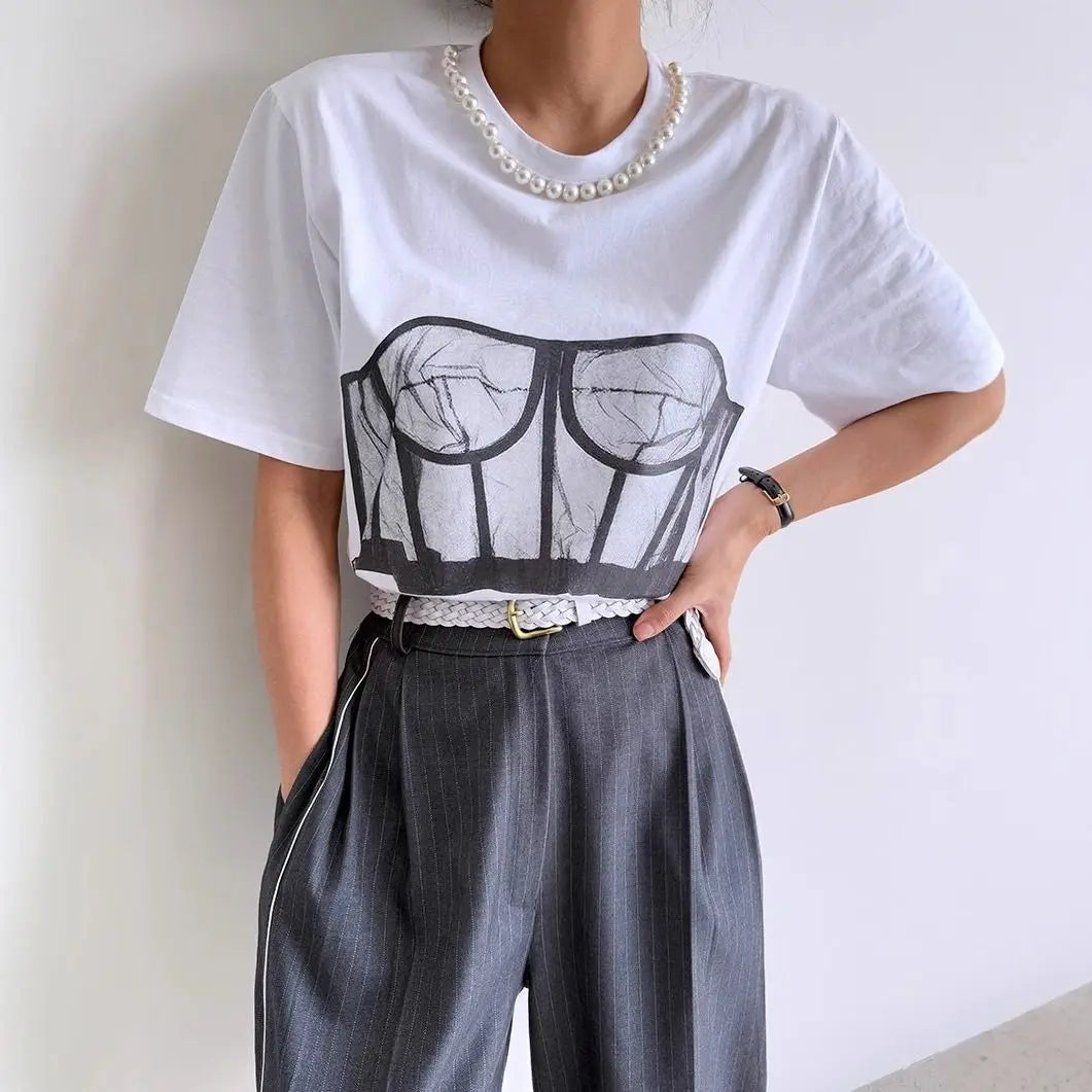 European And American Summer Loose Casual T-shirt Printed Bra Design Sexy women's Short Sleeved Shirt
