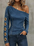 American Retro Denim Off-shoulder Top for Women Oblique Collar Long Sleeve Metal Ring Cut Out Blouses Slimming Street T-shirt