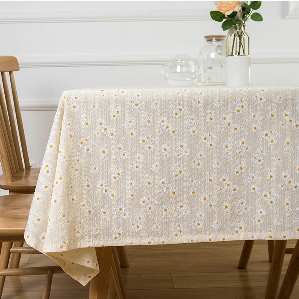 DAISY FLORAL COTTON TABLECLOTH - Embroidered, 11 Styles, Round & Rectangle - Garden Table