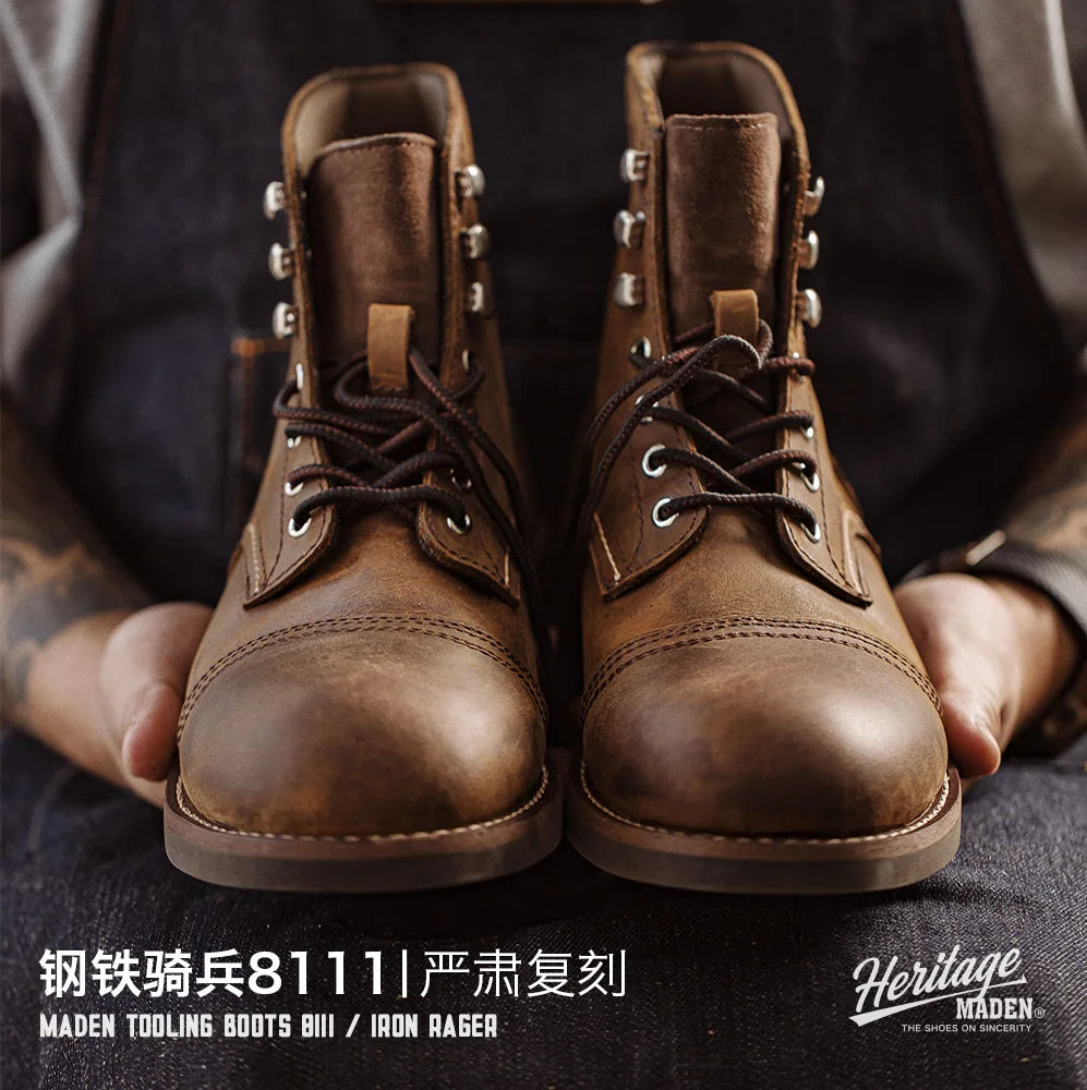 Maden 8111 - Full-Grain Crazy Horse Leather Ankle Boots - Retro Workwear Lace-Up