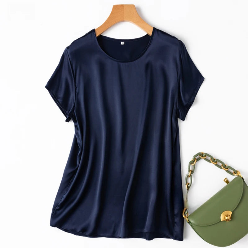 100% Mulberry Silk 19 Momme Charmeuse Silk Women Tank Top T-shirt Short Sleeve Shirt Blouse Solid Colors Summer M L XL AA4270