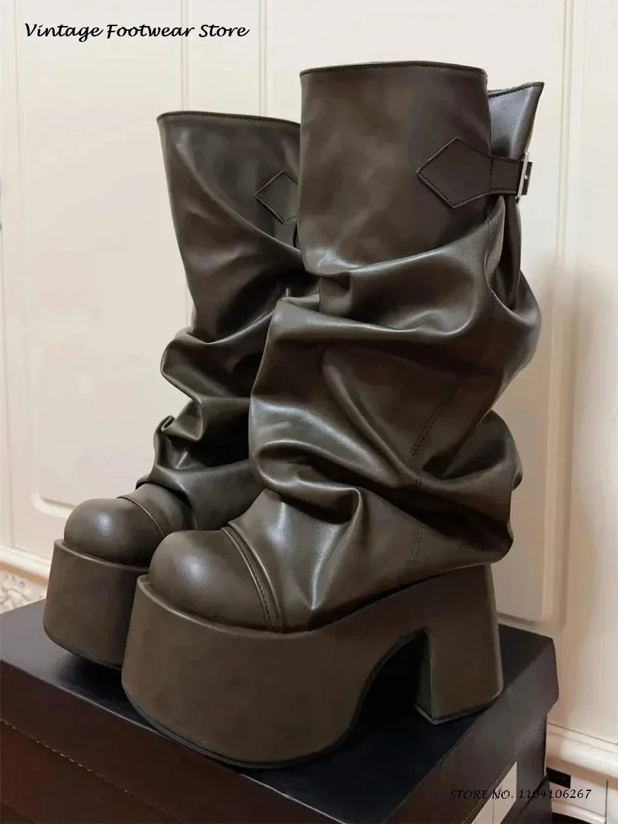 Patchwork Pleated Suede Knee-High Platform Boots