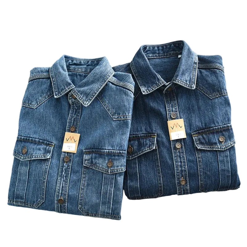 HEAVY DENIM OVERSHIRT - Men's Loose Fit Long Sleeve Cotton Shirt Turn-Down Collar Pockets - Two Colorways