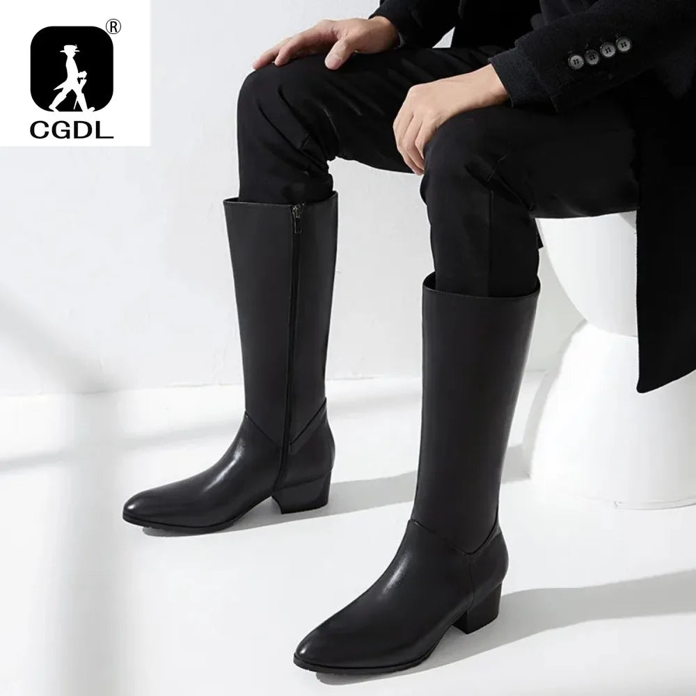 Men's Genuine Leather Knee-High Boots - Italian Retro Pointed Toe Lace-Up Winter Boots