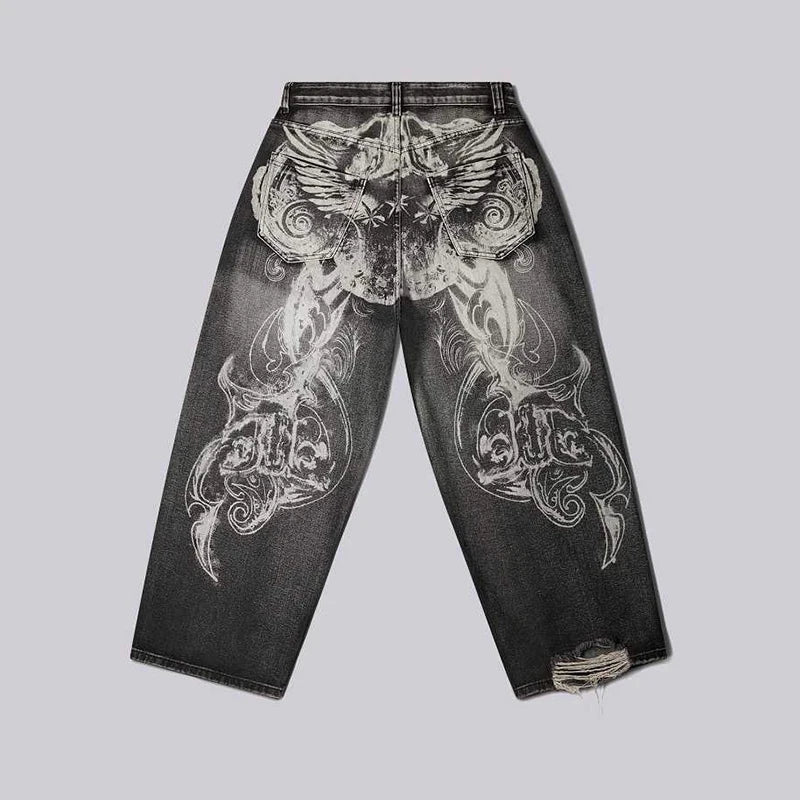 Black Printed Wide-Leg Jeans - Mid Rise - Punk Rhythm