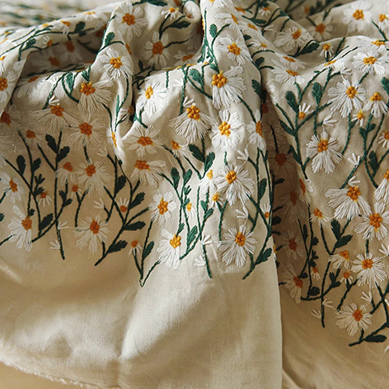 Retro Daisy Embroidery Cotton Linen Fabric – 135cm Wide