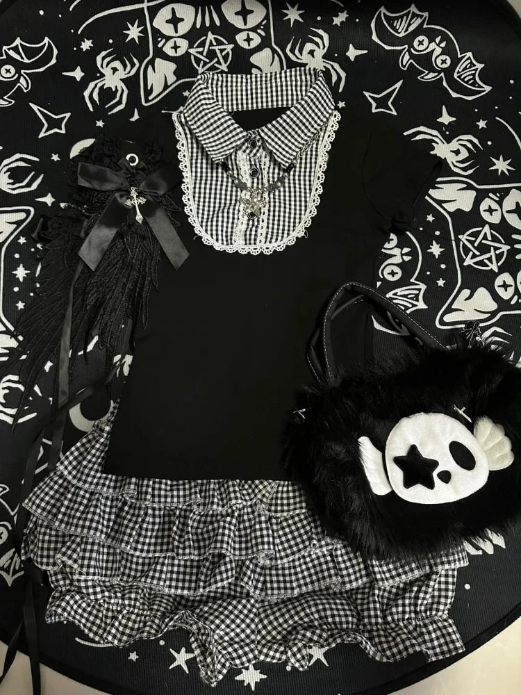 Y2k Black Short Sleeve T-Shirt Vintage Retro Black White Plaid Patchwork Button Sweet Bodycon Fit Polo Top Women Casual Summer