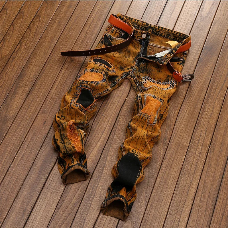TORN APART - Men's Ripped Patchwork Slim Straight Jeans - Vintage Distressed Denim