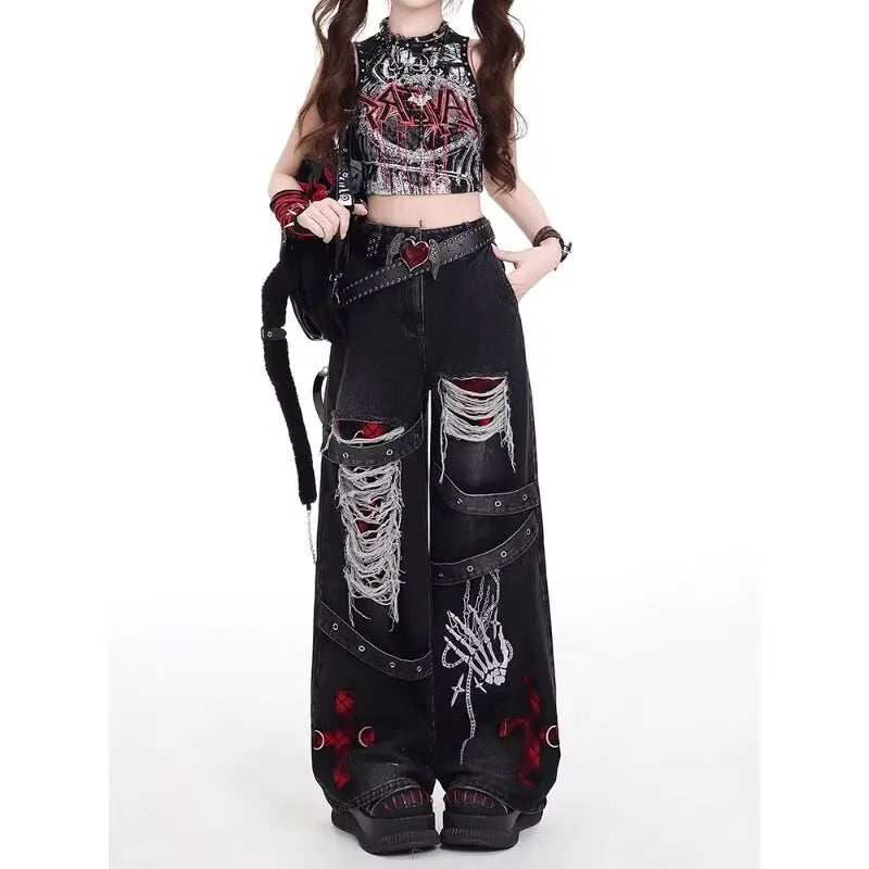 Gothic Punk Ripped Wide Leg Jeans - Spicy Girl Streetwear
