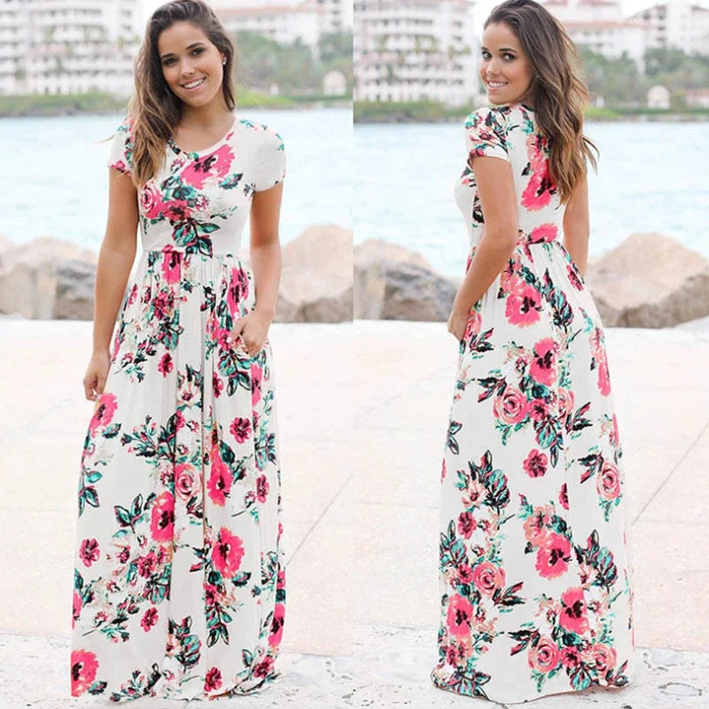 Summer Maxi Dress Women 2025 Pink Floral Print Boho Beach Dress Ladies Evening Party Long Dress Sundress Vestidos De Festa 3XL