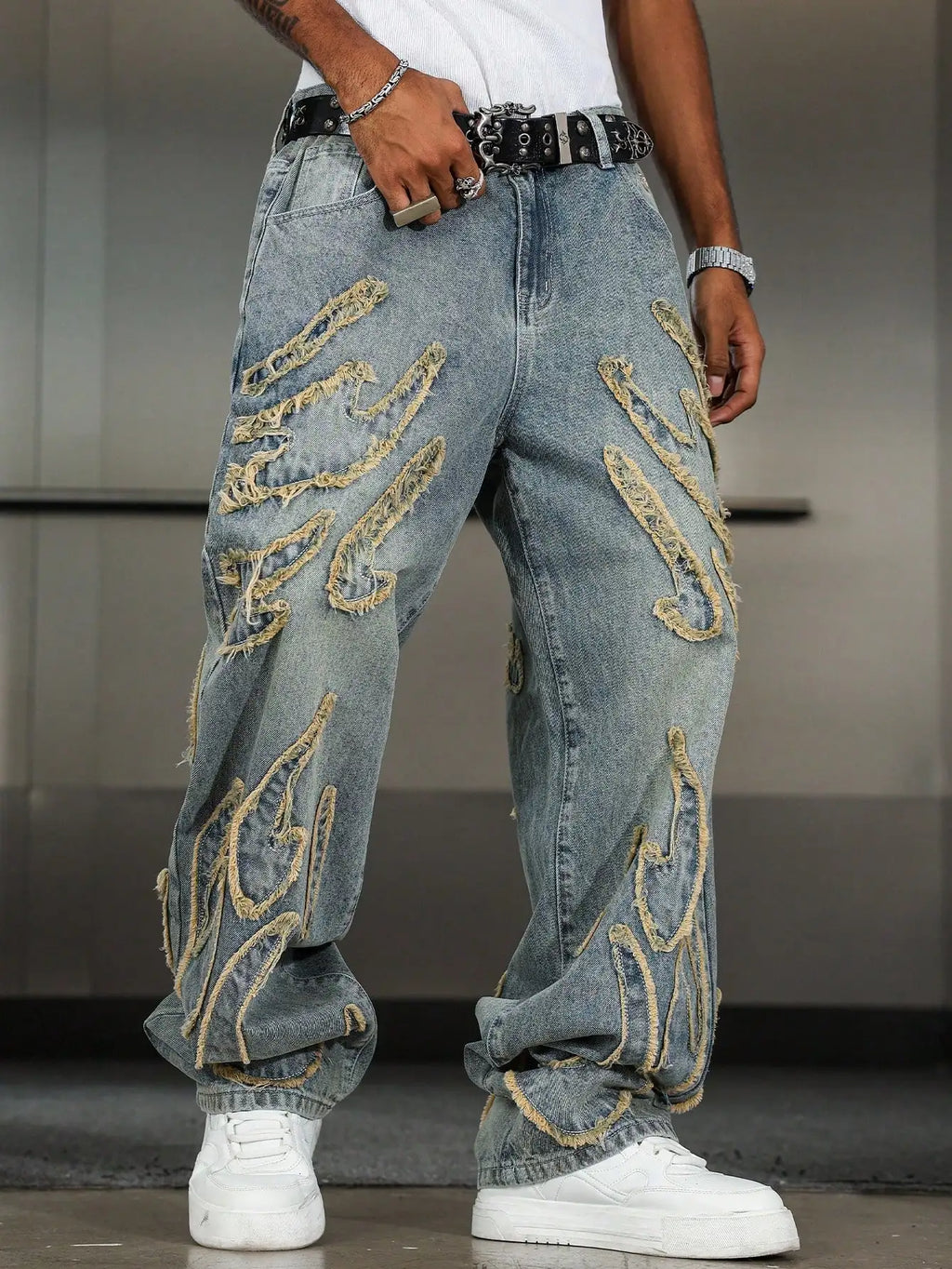 Men's Patchwork Frayed Denim Jeans - Wide Leg Streetwear - Embroidered High Street