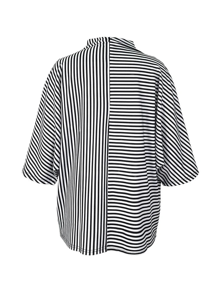 UOOZEE Fashion Women Striped Printed Stand Collar T-Shirts 2025 New Spring Summer Loose Casual Going Out Korean Style Tops