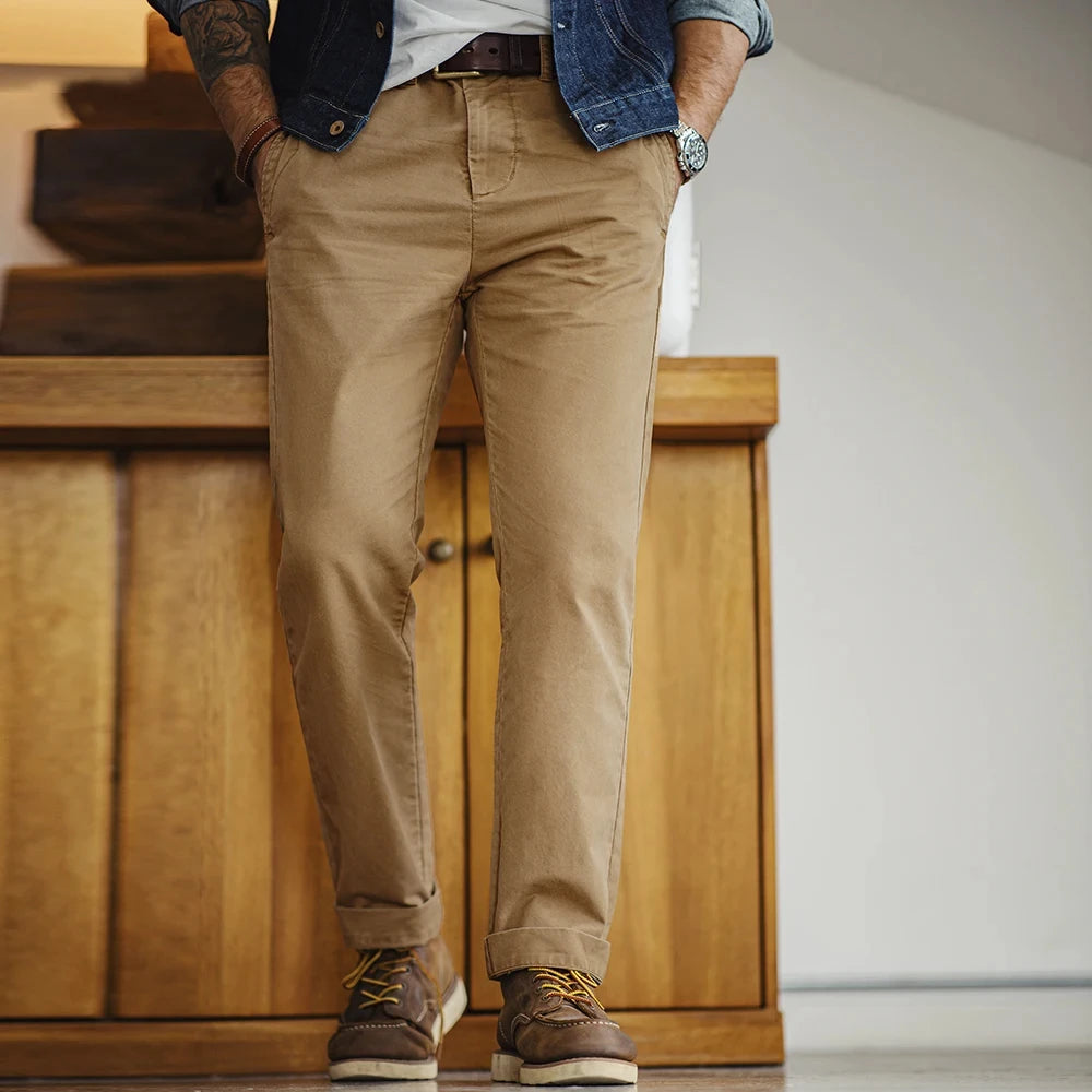 TWILL CLASSIC - Men's Vintage Heavyweight Cotton Twill Straight Pants - Khaki, W28–36