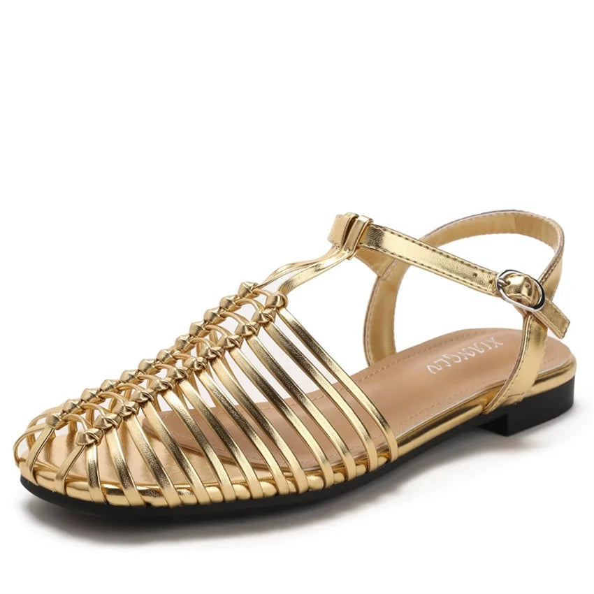 Band Flat Sandals Women Summer Round Toe Ankle Buckle Hollow Roman Sandal Plus Size Beach Shoe