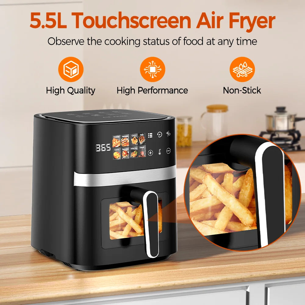 5.5L Air Fryer 1350W Oil-Free Viewing Window 8 Presets