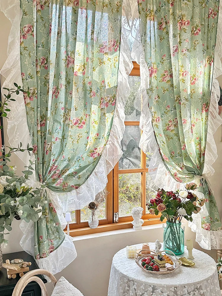 American Pastoral Style Curtain Linen-Cotton Kitchen Door Curtains Floral Pattern Cafe Living Room Window Half Curtain Decor