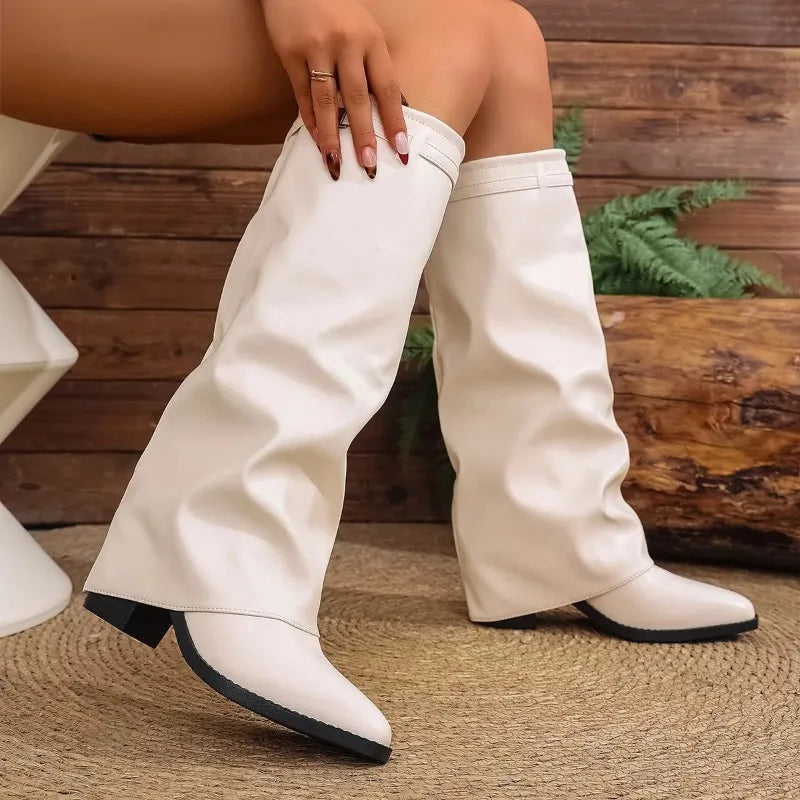 Folding Wide-Leg Knee-High Boots – Thick Sole Square Heel