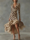 2026 Sexy Deep V Neck Leopard Print Slim Fit Long Sleeve Women's Dresses Autumn Fashion Mesh Splicing Hem Female  Party Dress