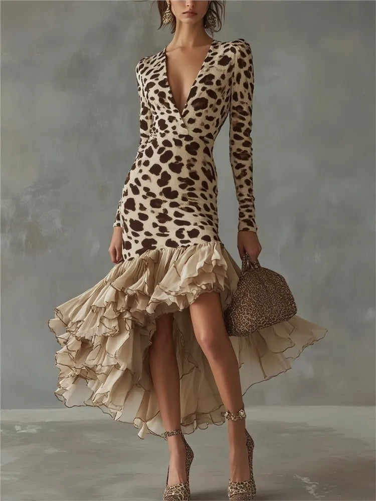 2026 Sexy Deep V Neck Leopard Print Slim Fit Long Sleeve Women's Dresses Autumn Fashion Mesh Splicing Hem Female Party Dress