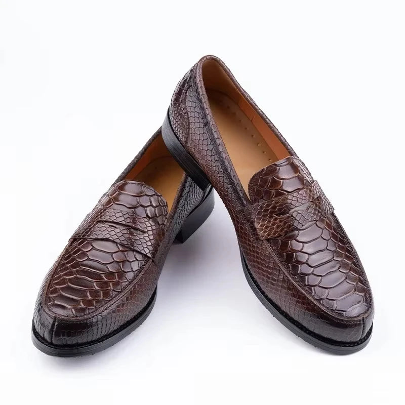 Men's Snake Print Penny Loafers - Genuine Leather Slip-On Pointed Toe Driving Shoes