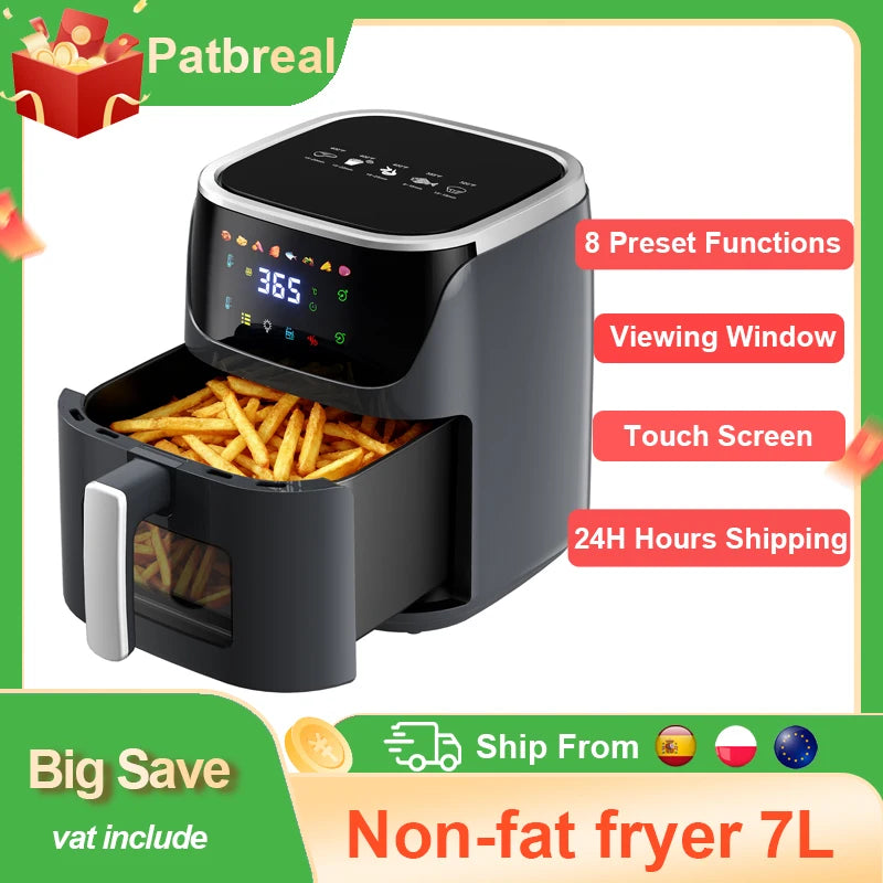 Oil-Free Air Fryer 7L – 1500W 200°C Viewing Window LED Touch Screen 8 Presets