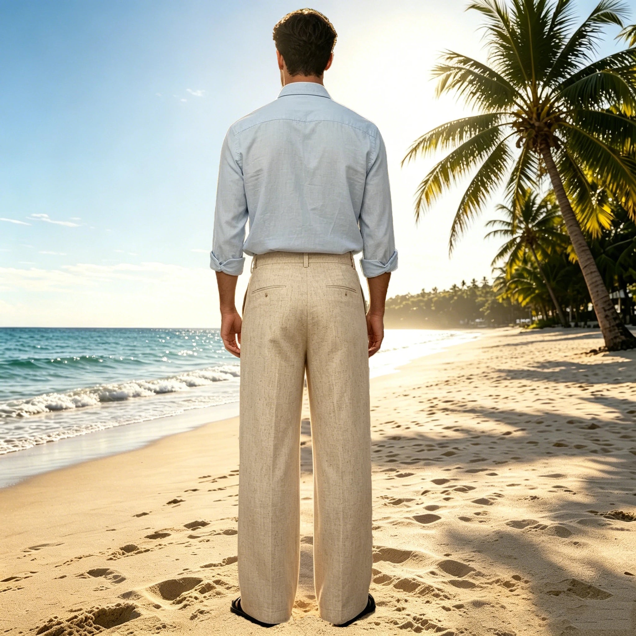 Men's Linen Wide Leg Pants High Waist Casual Loose Fit Straight Leg Suit Trousers Holiday Beach Daily Office Wear