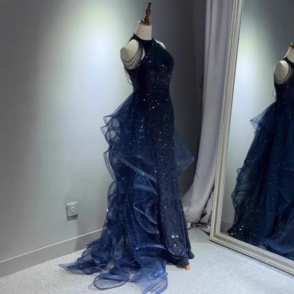 Navy & Black Evening Gown - Sweep Train - Midnight Grace