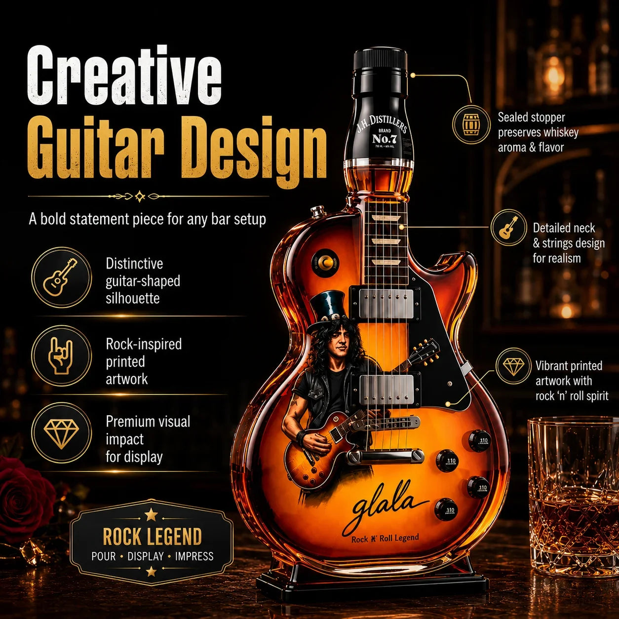 Guitar Shaped Whiskey Decanter – Rock Legend Liquor Bottle Collectible Barware