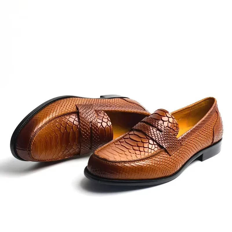 Men's Snake Print Penny Loafers - Genuine Leather Slip-On Pointed Toe Driving Shoes
