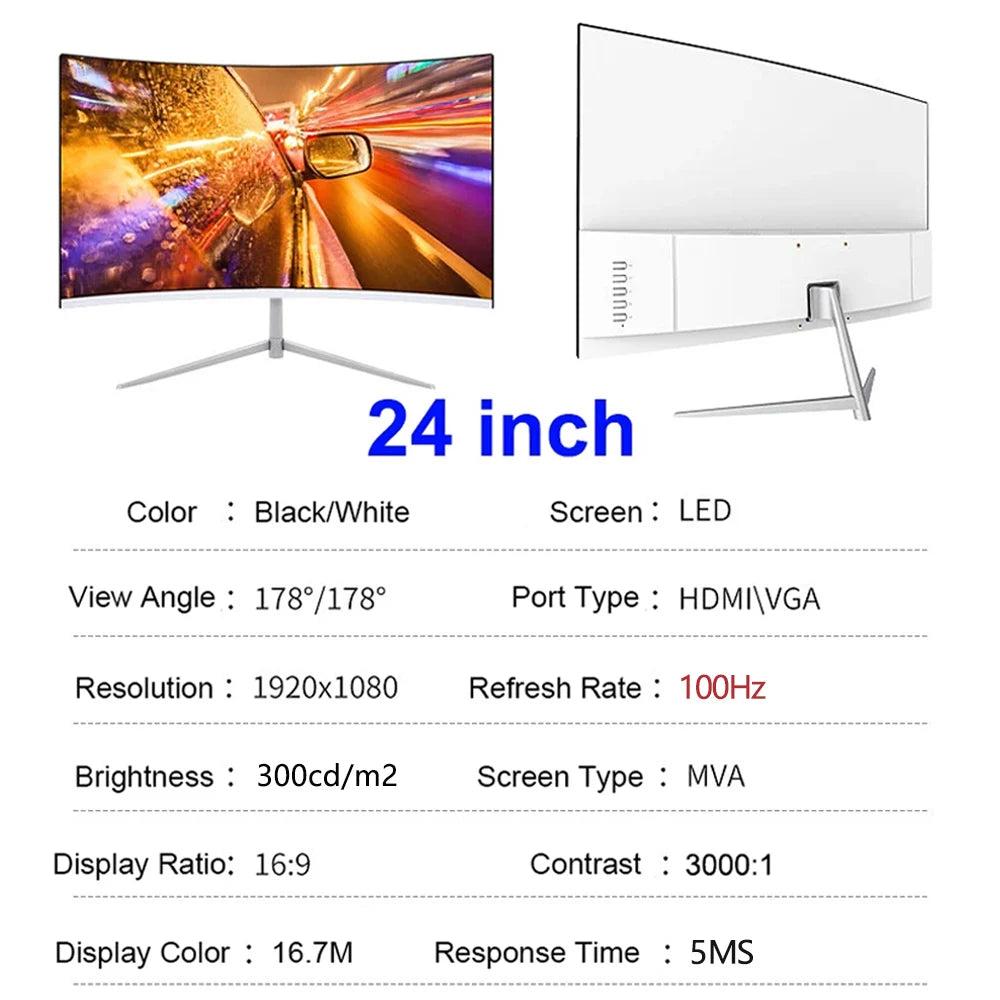 24" Curved 100Hz Gaming Monitor - FHD 1080P Immersive Display