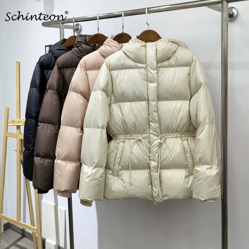 Belted Hooded Down Jacket - 90% Duck Down