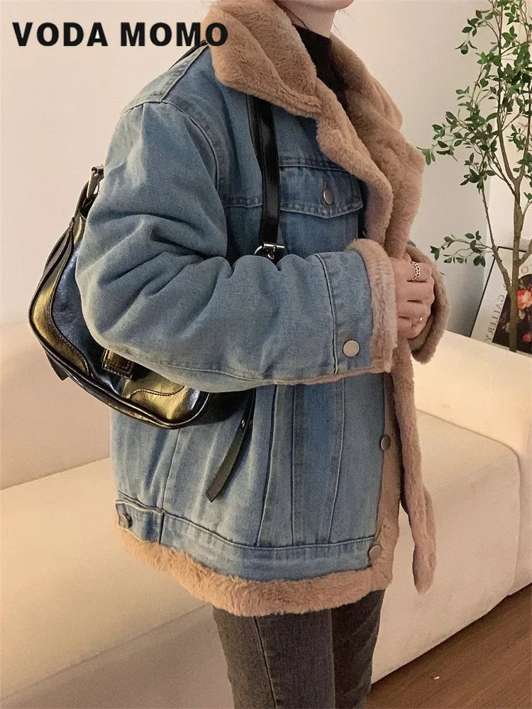 Fur Collar Denim Jacket – Fleece Lined Retro Casual