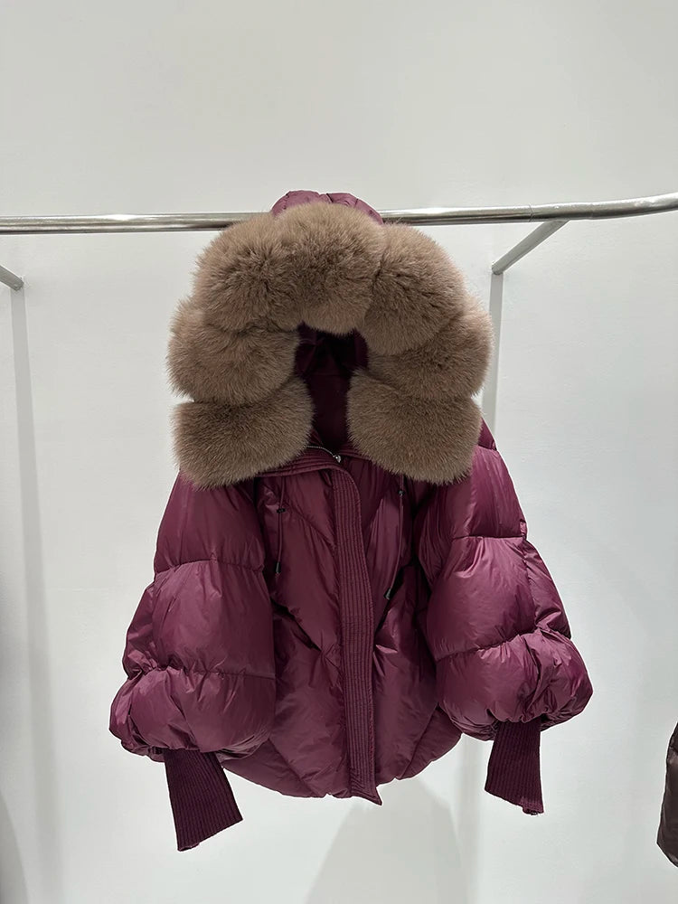 Fur Collar Down Jacket – Hooded Lantern Sleeve Quilted