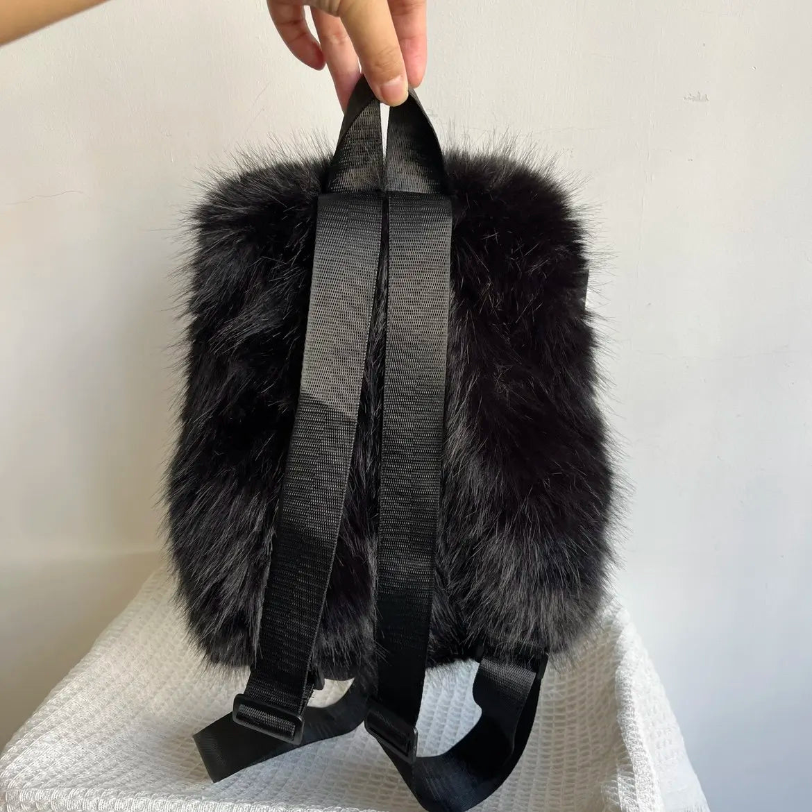 Black Plush Backpack Y2K Gothic Cross Fluffy Fur Backpack