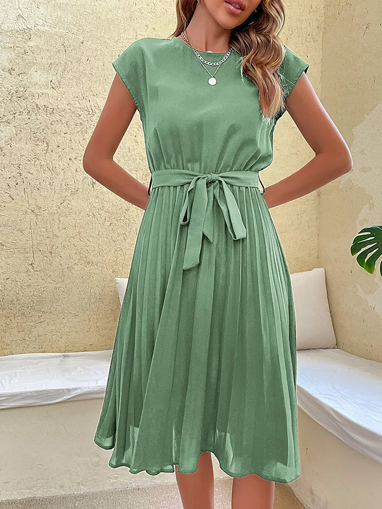 Elegant Women's Summer Casual Beach Sundress Short Sleeve Pleated Midi Dress Solid Colour O Neck Tunic Dresses Fashion