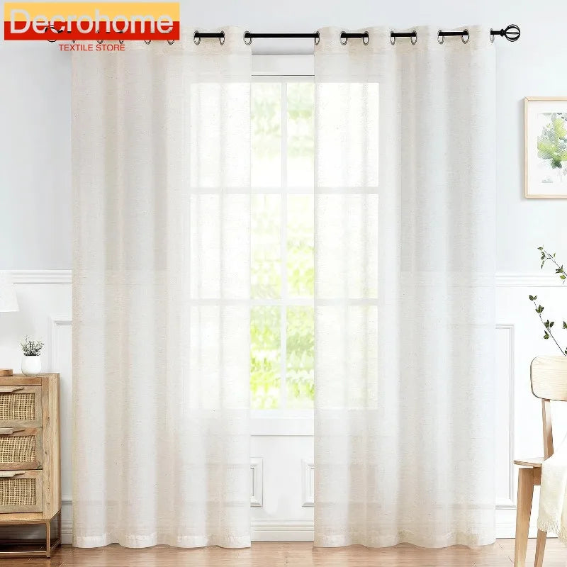 Linen Sheer Beige Curtains for Bedroom Living Room Natural Flax Blend Window Draperies for Farmhouse Curtain Decoration Window Curtain