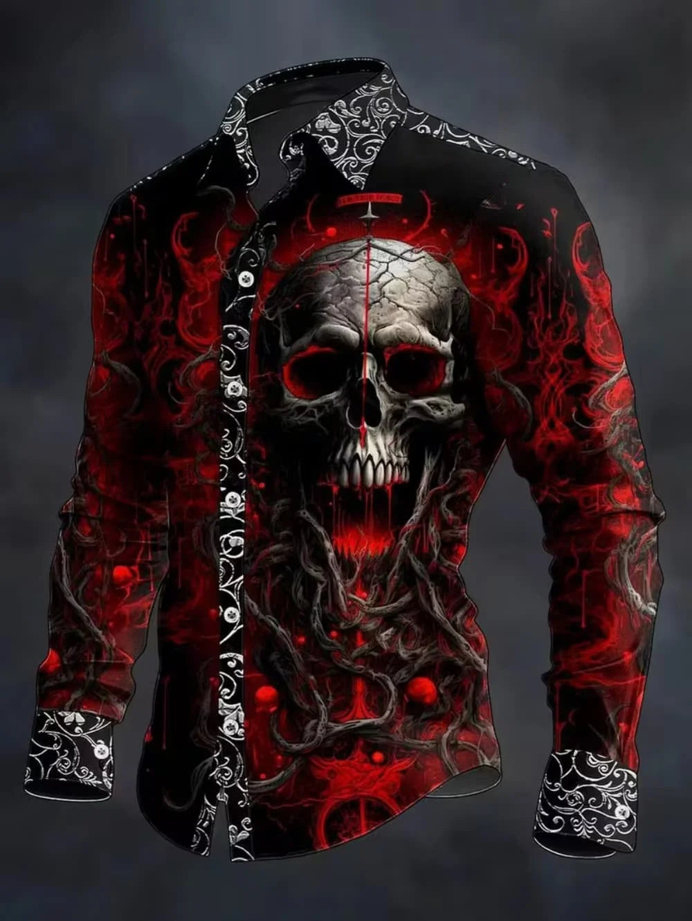 Gothic Skull Cross Shirt Men Long Sleeve Red Plaid 3D Print