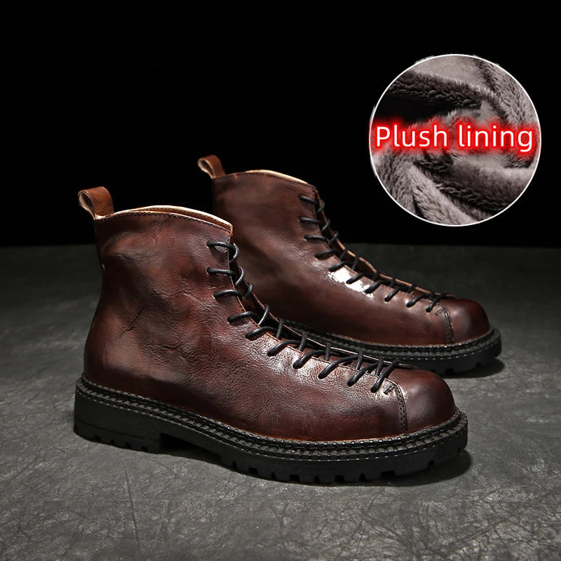 Men's Handmade Genuine Leather Motorcycle Boots - British Vintage High Top Lace-Up Winter
