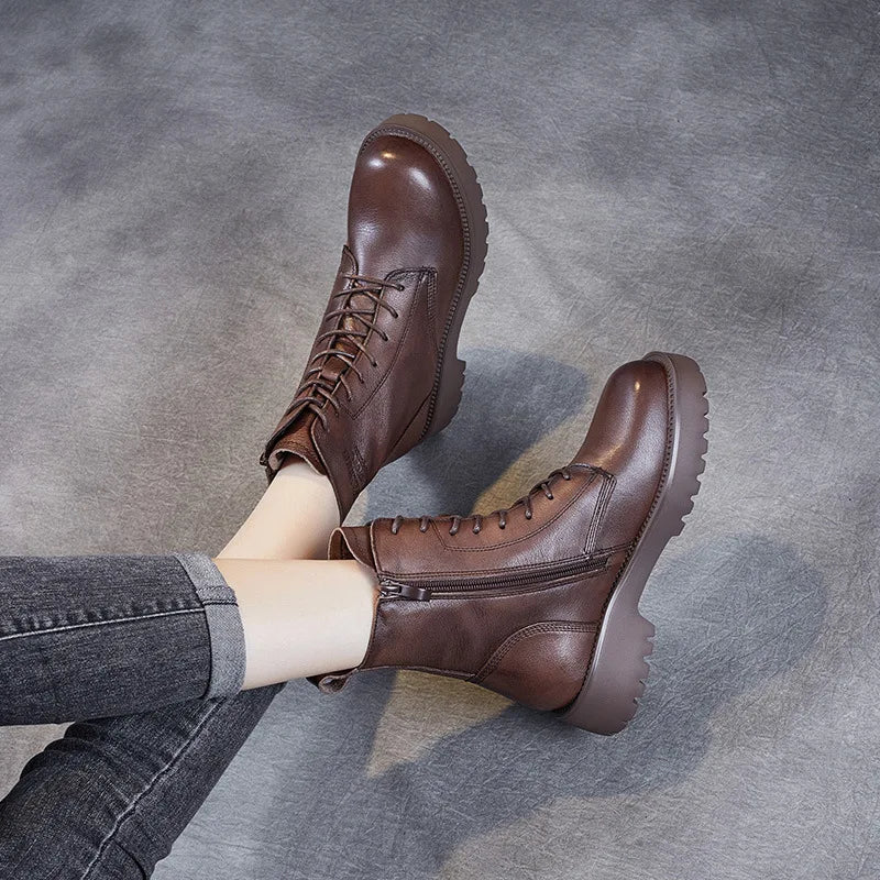 Handmade Cow Leather Mid-Calf Boots – Retro British