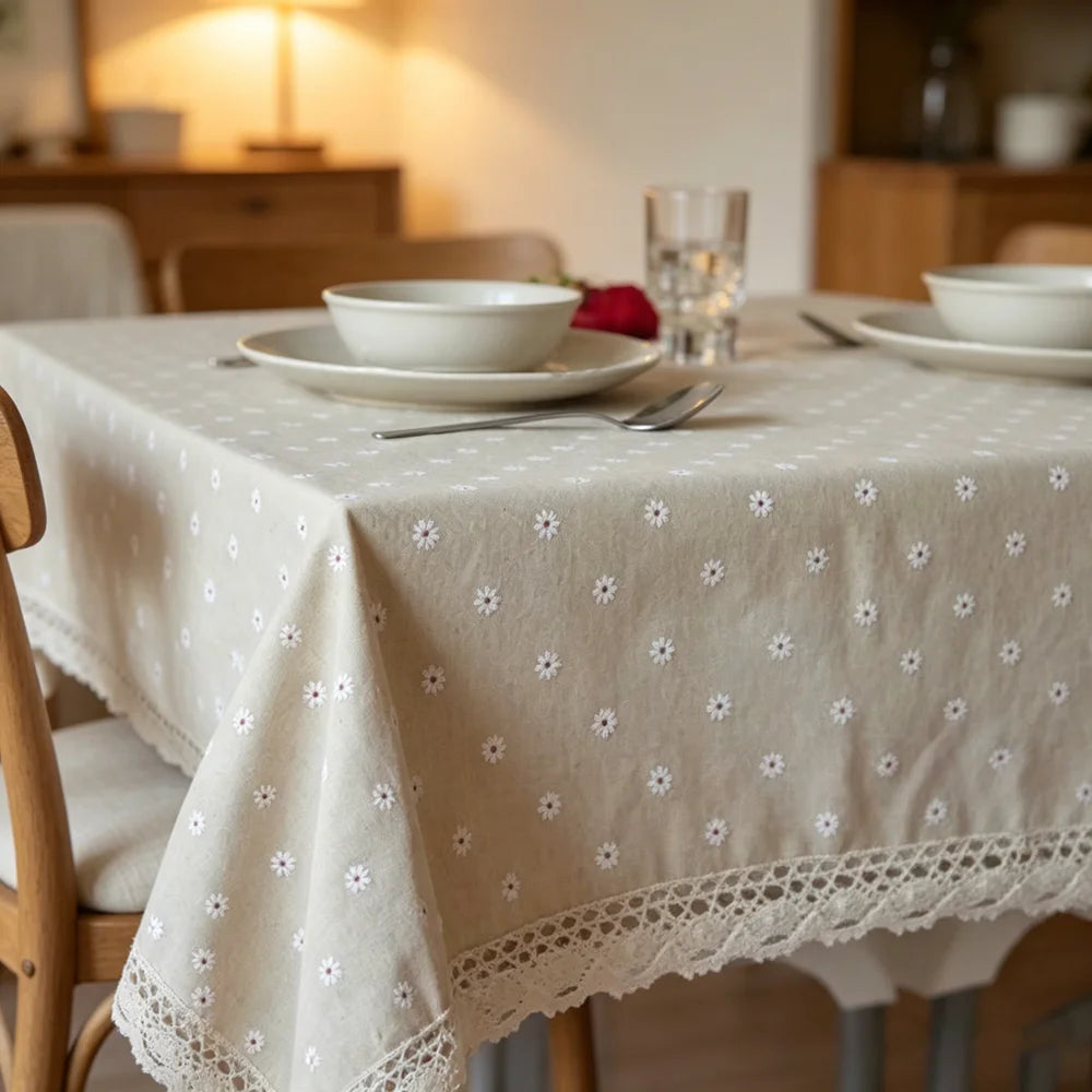FLORAL PRINTED LINEN TABLECLOTH - Cotton Linen Daisy & Cherry Blossom - Garden Table, Sunday Mood