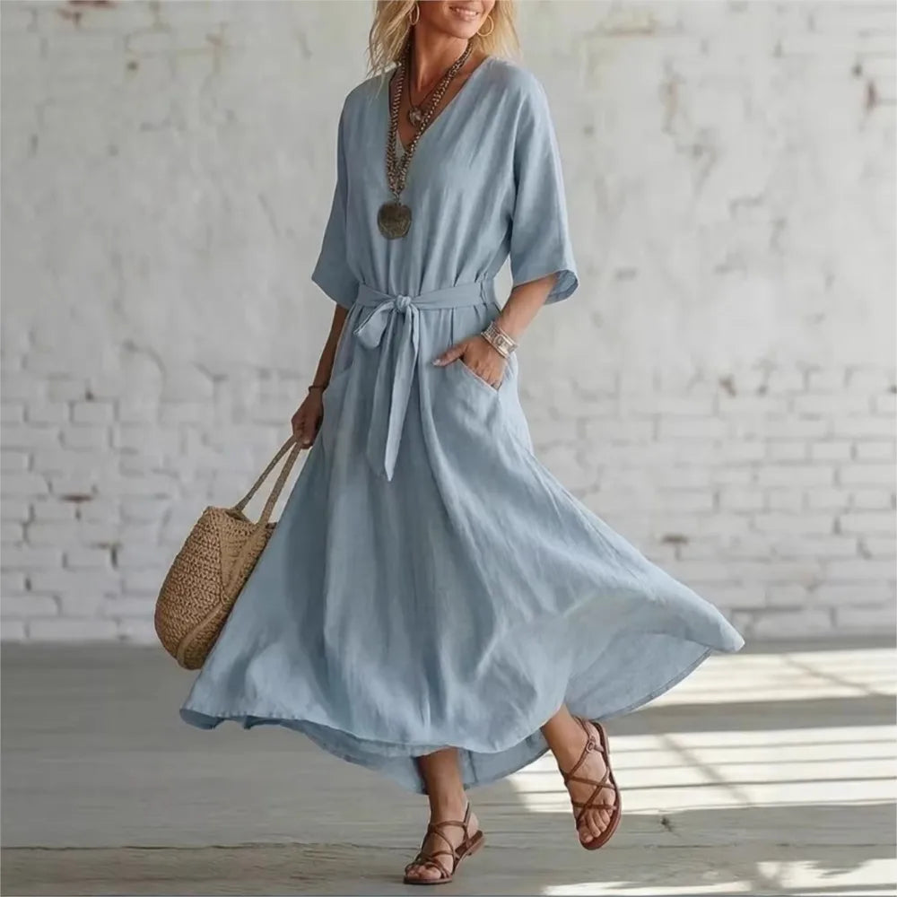 New Summer Elegant Simple Retro Cotton Linen V-neck Women's Dress Casual Mid-sleeve Solid Color Fashion Belt Wide Hem Long Skirt