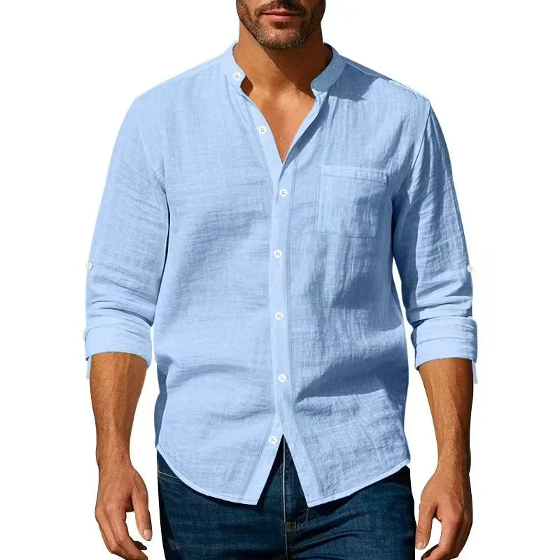 STAND COLLAR COTTON SHIRT - Long Sleeve, 5 Colors - Easy Summers