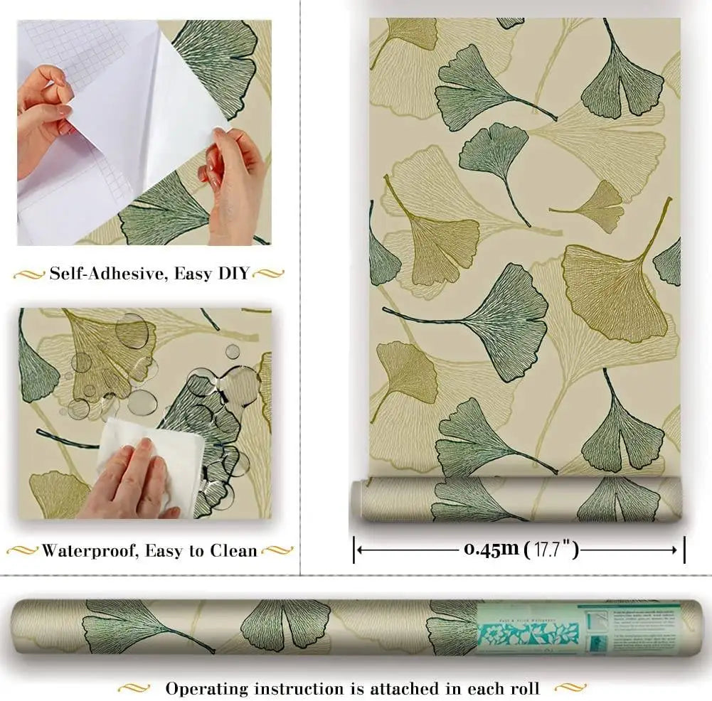 GINKGO LEAF PEEL & STICK WALLPAPER - Self-Adhesive PVC, 3 Roll Sizes - Calm Surfaces