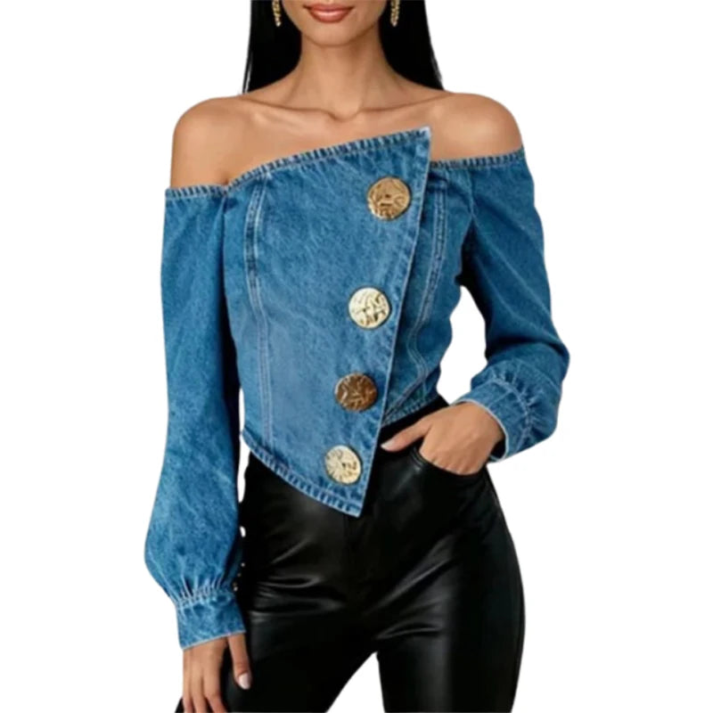 UOOZEE Women's Y2K Off Shoulder Denim Crop Tops Fashion Asymmetrical Hem Gold Button Long Sleeves Party Club Jean Blouses