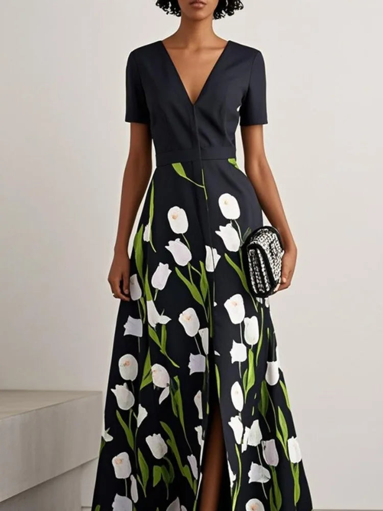 Yeezzi 2025 New Women's Elegant Floral Printed V-neck Shirts Dress Short Sleeves Split-Front A-Line Party Evening Maxi Dresses